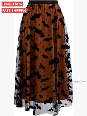 Women's Tulle Tutu Skirt Velvet Bats Elastic Waist Halloween Party Midi
